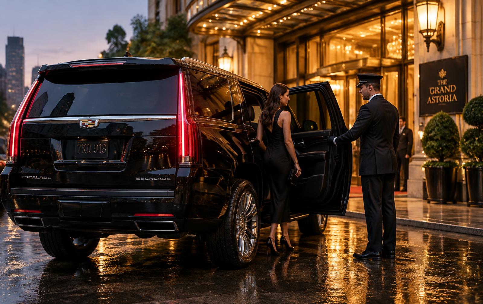 Black Cadillac Escalade at a grand hotel, chauffeur opening the door for a guest