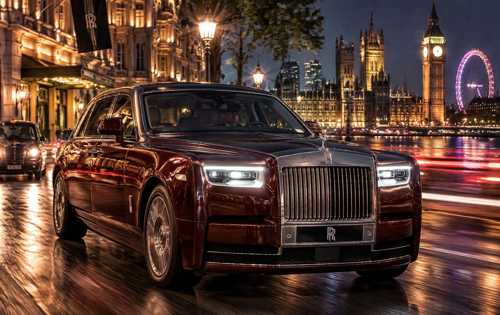 Burgundy Rolls-Royce driving through a city at night with a chauffeur at the wheel