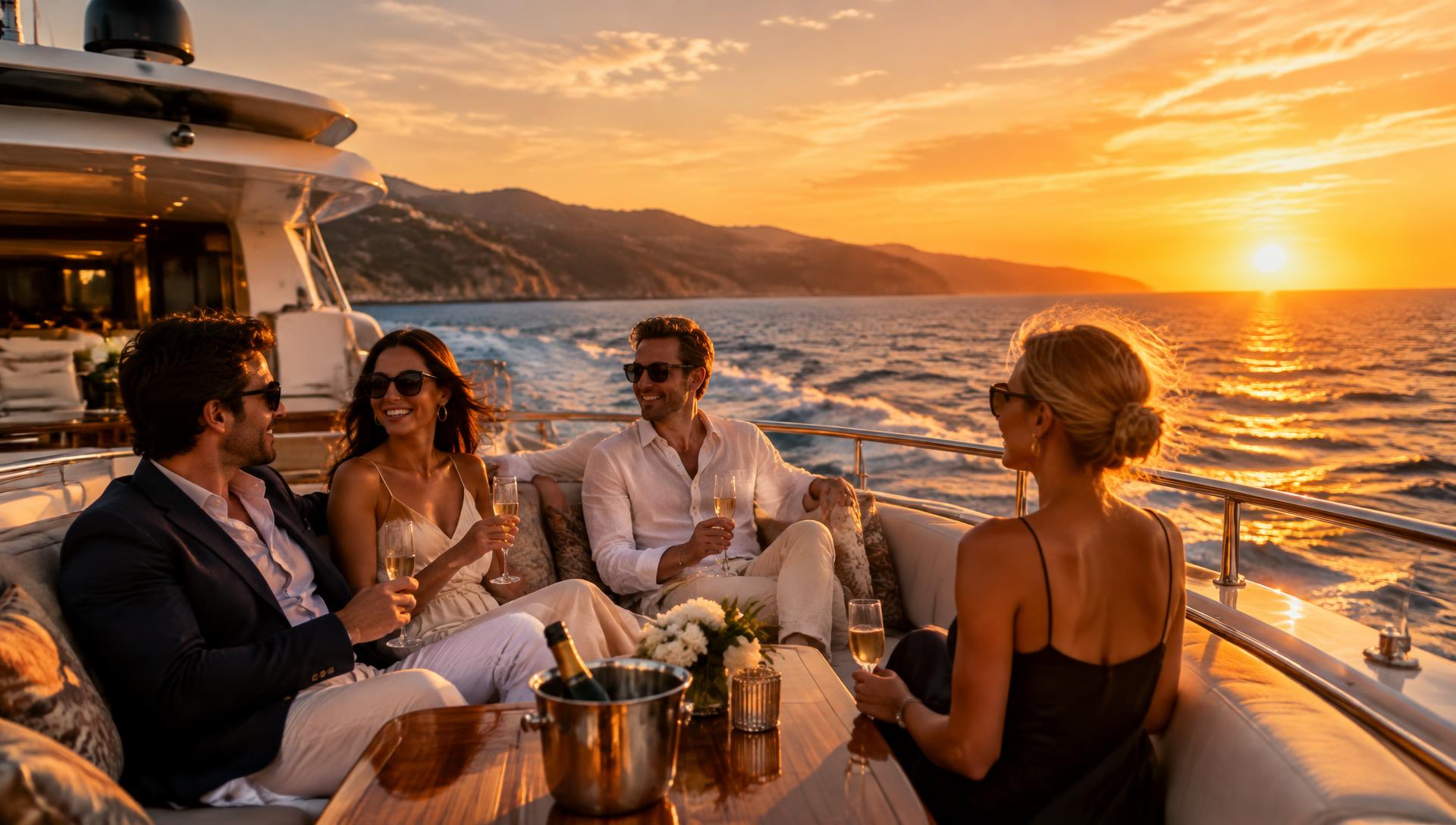 Friends with champagne on a yacht at sunset
