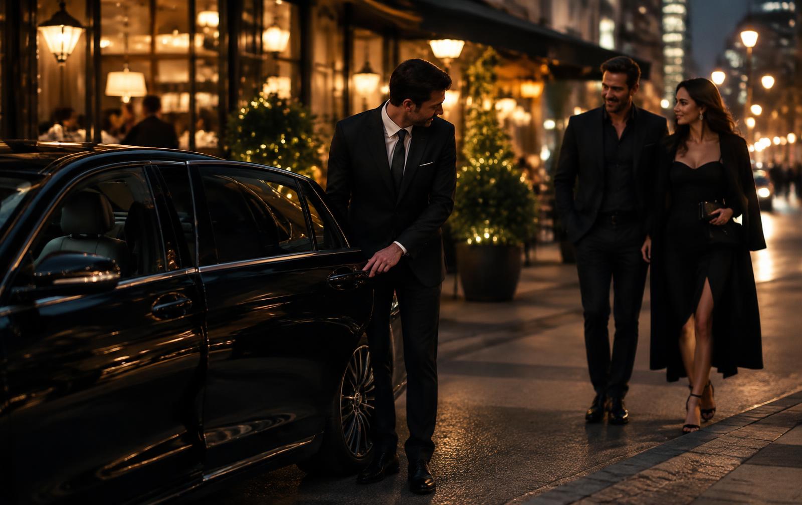 A chauffeur driving a customer home in the customer's own car at night